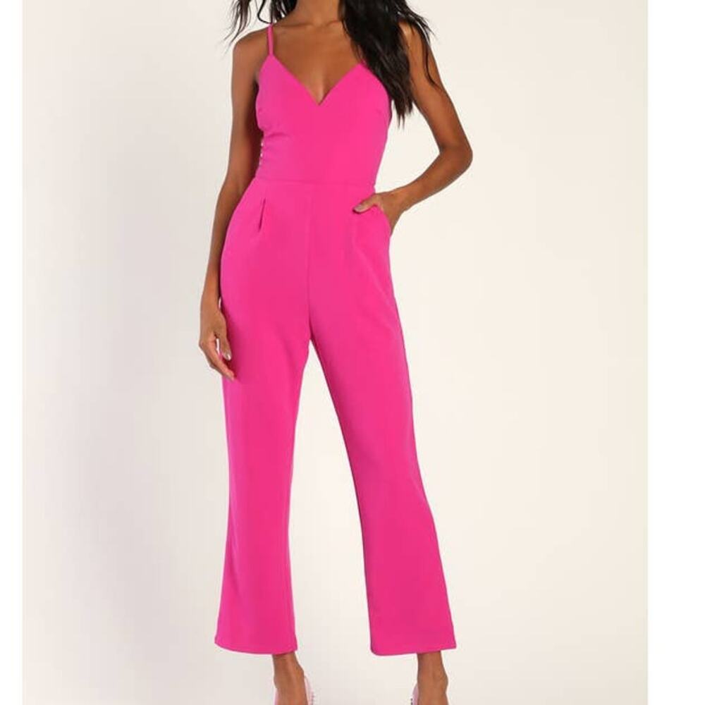Lulu's Hot Pink V-Neck Spaghetti Strap Jumpsuit - S - Preloved